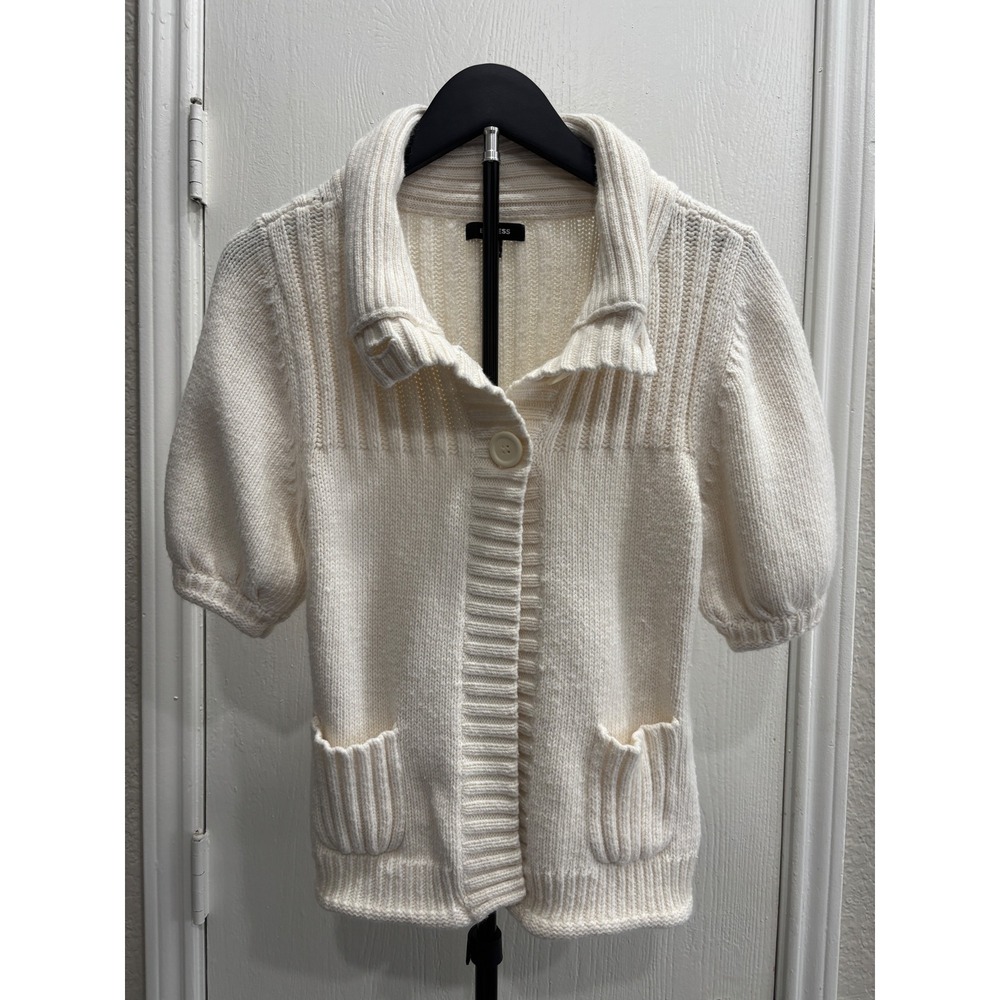 Express Women Ivory Knit Short Sleeve Cardigan Sweater Wool Angora Blend Size M